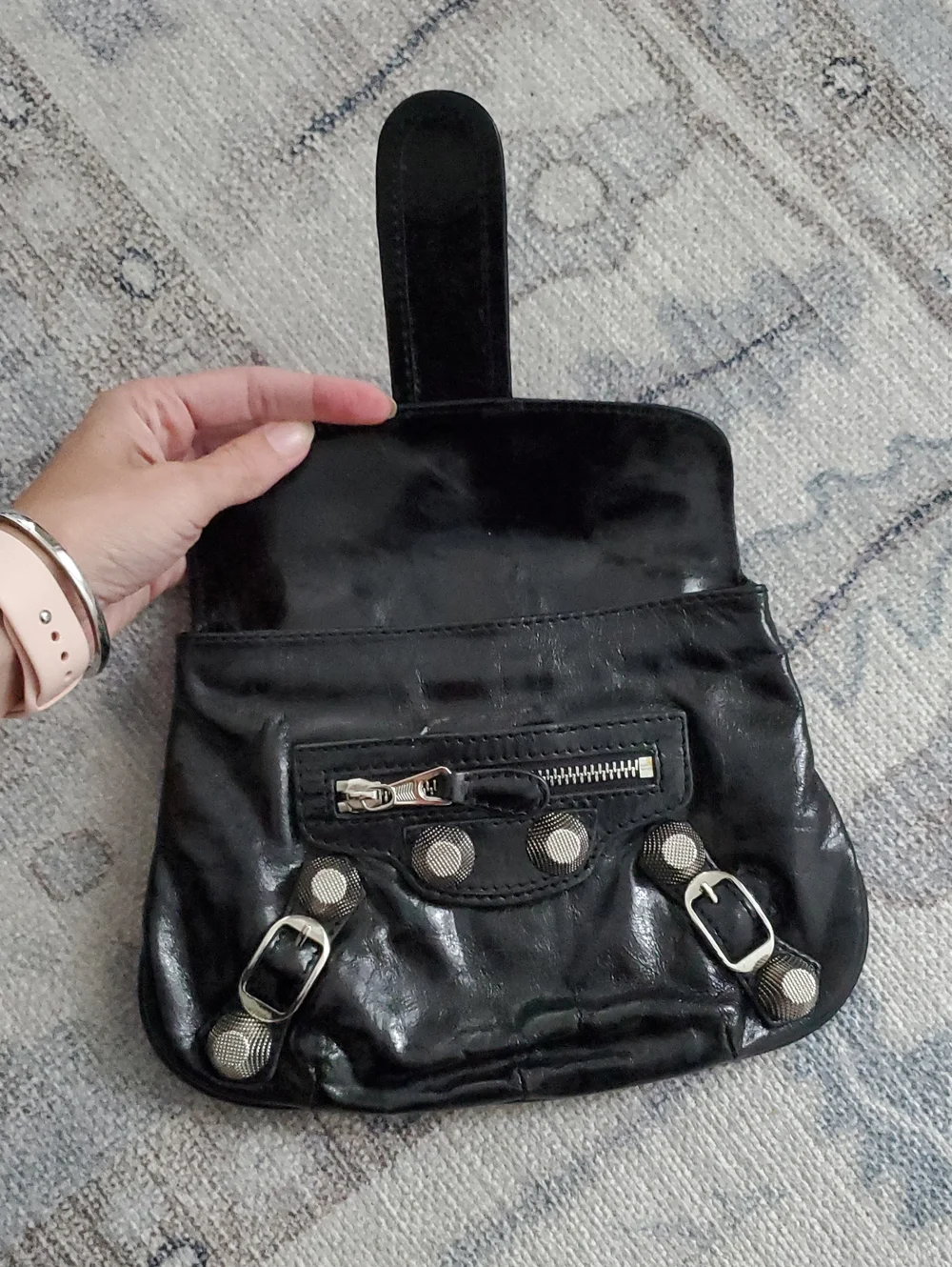 Balenciaga Shiny Black Leather and Silver Pouch Flap Clutch Bag With Mirror